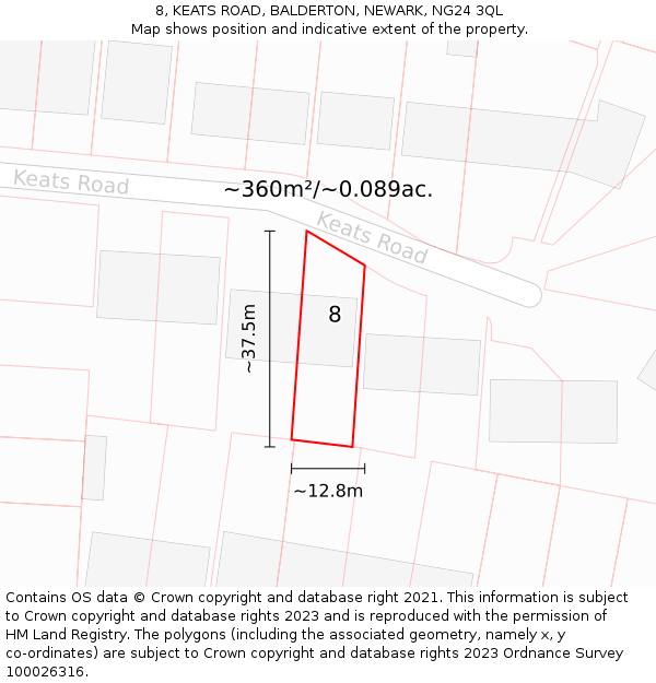 8, KEATS ROAD, BALDERTON, NEWARK, NG24 3QL: Plot and title map