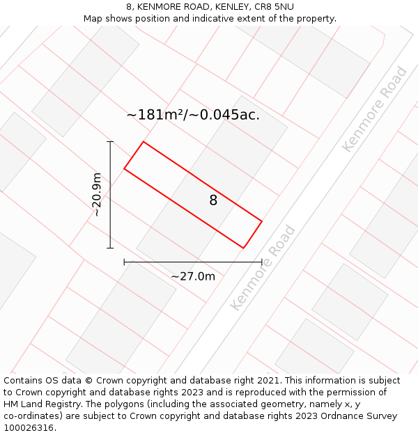 8, KENMORE ROAD, KENLEY, CR8 5NU: Plot and title map