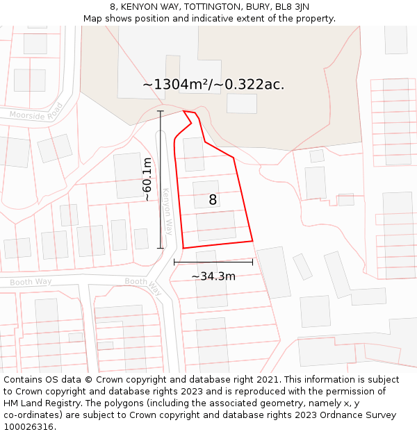 8, KENYON WAY, TOTTINGTON, BURY, BL8 3JN: Plot and title map