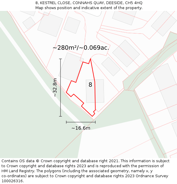 8, KESTREL CLOSE, CONNAHS QUAY, DEESIDE, CH5 4HQ: Plot and title map