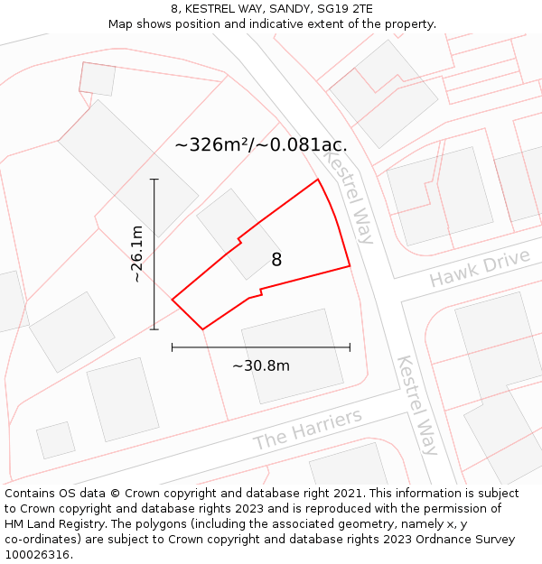 8, KESTREL WAY, SANDY, SG19 2TE: Plot and title map