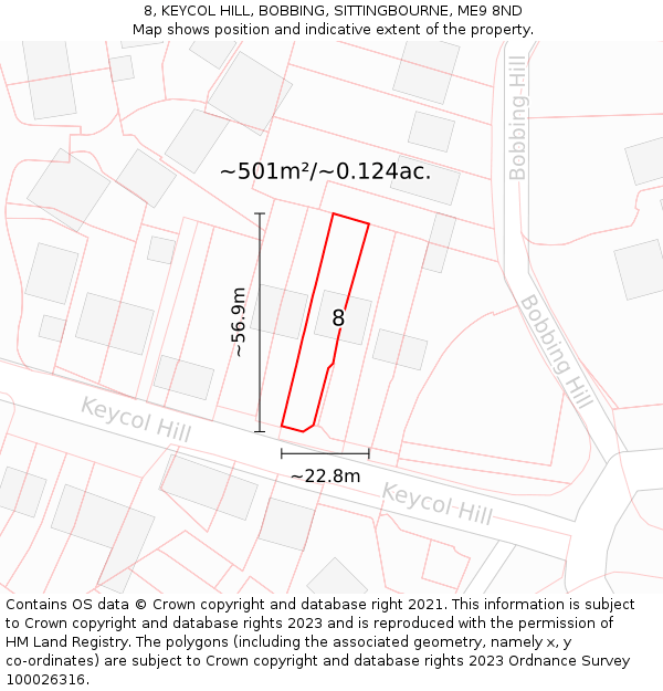 8, KEYCOL HILL, BOBBING, SITTINGBOURNE, ME9 8ND: Plot and title map