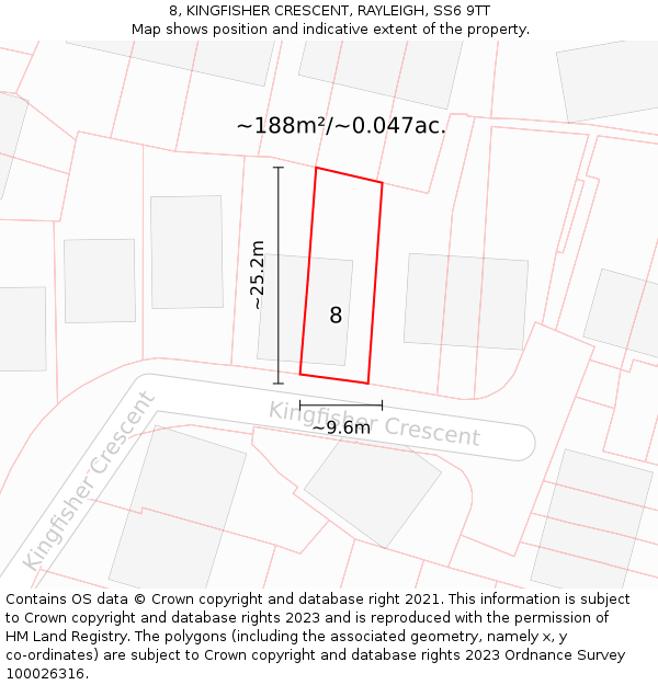 8, KINGFISHER CRESCENT, RAYLEIGH, SS6 9TT: Plot and title map