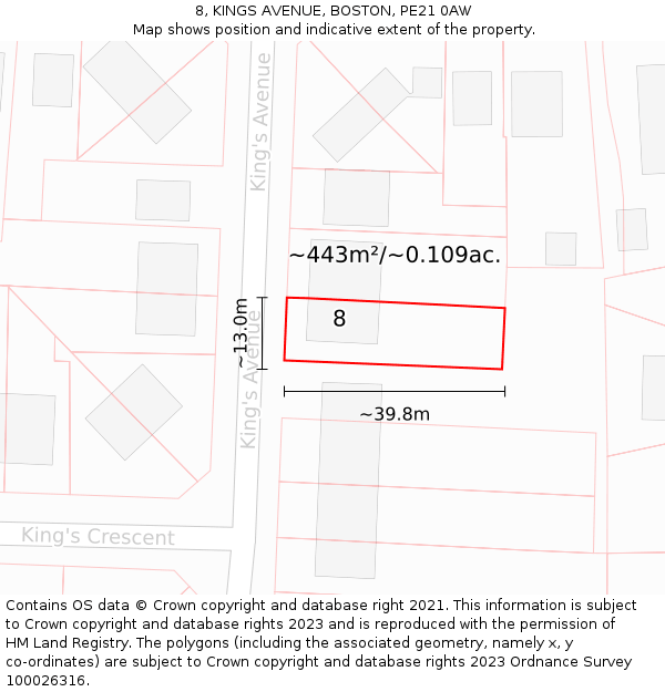 8, KINGS AVENUE, BOSTON, PE21 0AW: Plot and title map