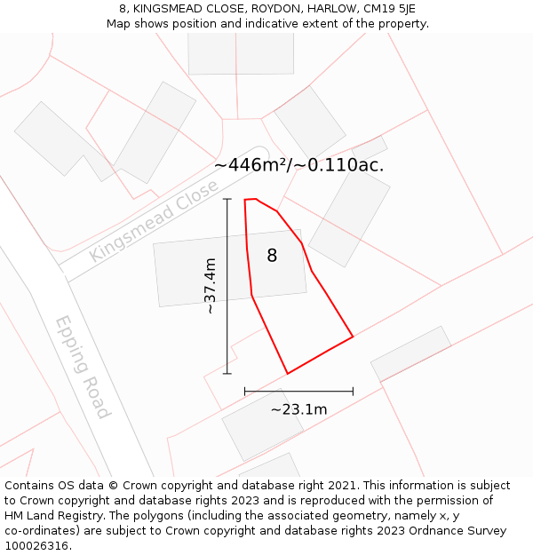 8, KINGSMEAD CLOSE, ROYDON, HARLOW, CM19 5JE: Plot and title map