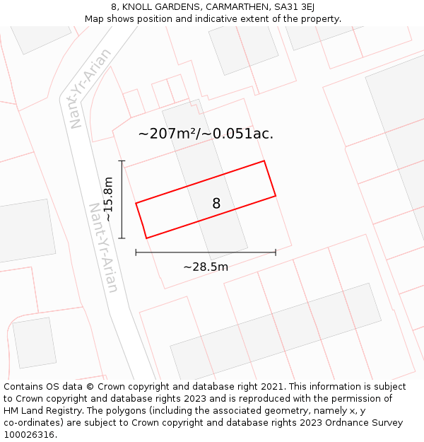 8, KNOLL GARDENS, CARMARTHEN, SA31 3EJ: Plot and title map