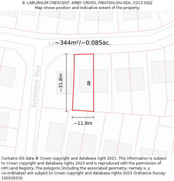 8, LABURNUM CRESCENT, KIRBY CROSS, FRINTON-ON-SEA, CO13 0QQ: Plot and title map