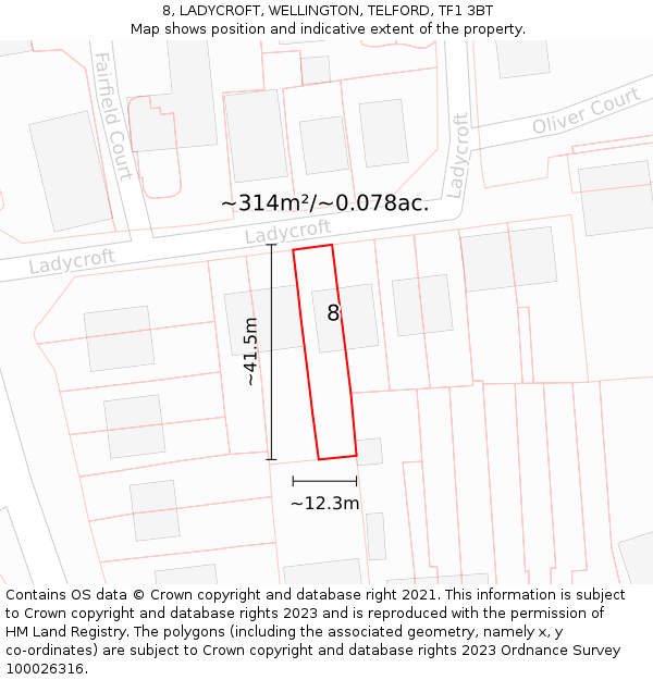 8, LADYCROFT, WELLINGTON, TELFORD, TF1 3BT: Plot and title map