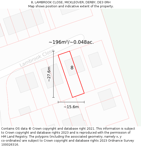 8, LAMBROOK CLOSE, MICKLEOVER, DERBY, DE3 0RH: Plot and title map