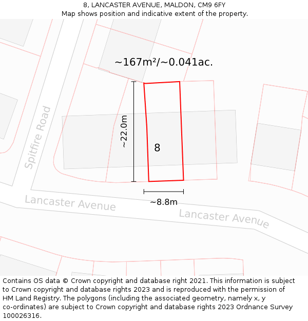 8, LANCASTER AVENUE, MALDON, CM9 6FY: Plot and title map