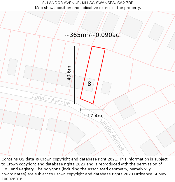 8, LANDOR AVENUE, KILLAY, SWANSEA, SA2 7BP: Plot and title map