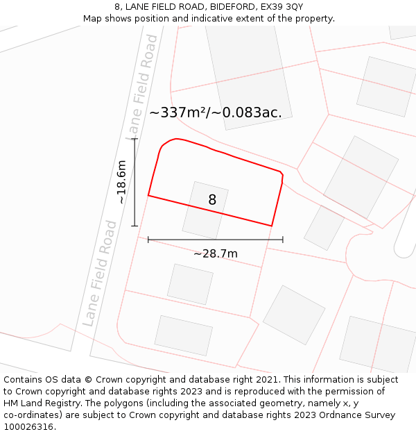 8, LANE FIELD ROAD, BIDEFORD, EX39 3QY: Plot and title map