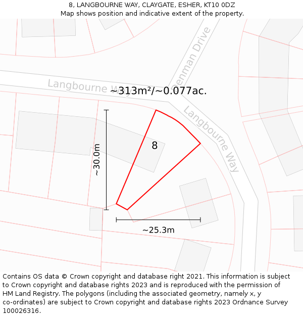 8, LANGBOURNE WAY, CLAYGATE, ESHER, KT10 0DZ: Plot and title map