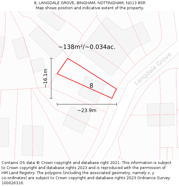 8, LANGDALE GROVE, BINGHAM, NOTTINGHAM, NG13 8SR: Plot and title map