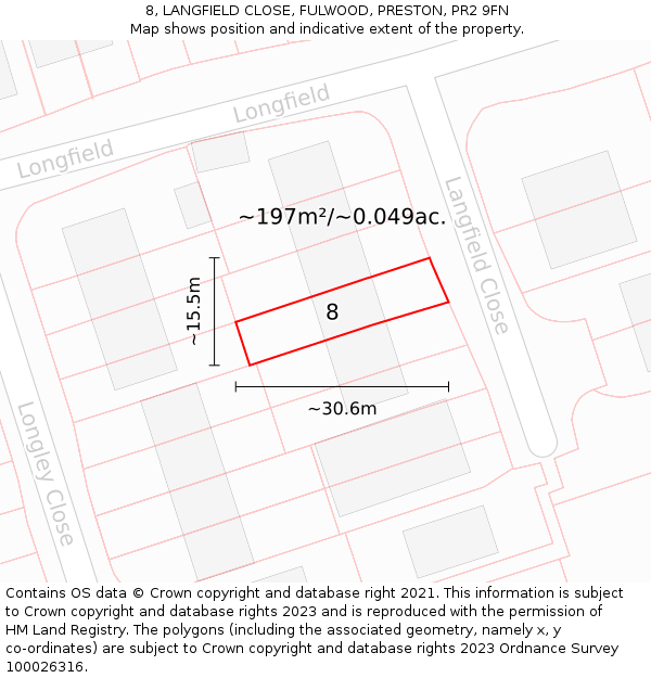 8, LANGFIELD CLOSE, FULWOOD, PRESTON, PR2 9FN: Plot and title map