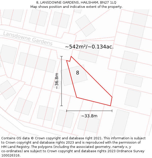 8, LANSDOWNE GARDENS, HAILSHAM, BN27 1LQ: Plot and title map