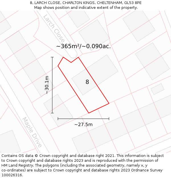 8, LARCH CLOSE, CHARLTON KINGS, CHELTENHAM, GL53 8PE: Plot and title map