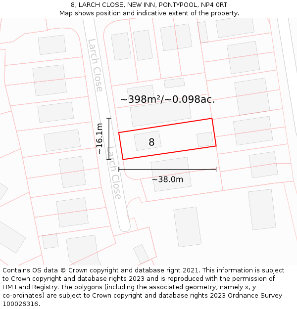 8, LARCH CLOSE, NEW INN, PONTYPOOL, NP4 0RT: Plot and title map