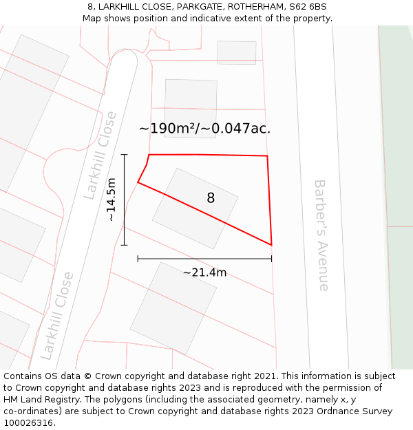 8, LARKHILL CLOSE, PARKGATE, ROTHERHAM, S62 6BS: Plot and title map