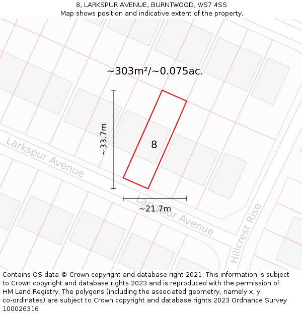 8, LARKSPUR AVENUE, BURNTWOOD, WS7 4SS: Plot and title map