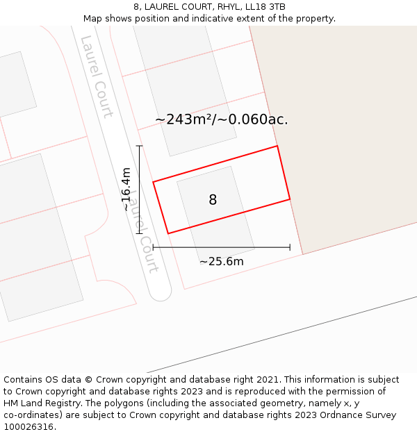 8, LAUREL COURT, RHYL, LL18 3TB: Plot and title map