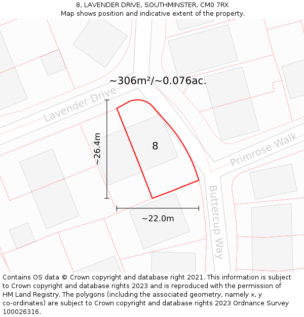 8, LAVENDER DRIVE, SOUTHMINSTER, CM0 7RX: Plot and title map