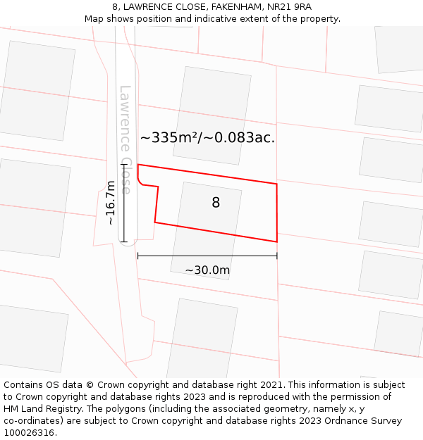 8, LAWRENCE CLOSE, FAKENHAM, NR21 9RA: Plot and title map