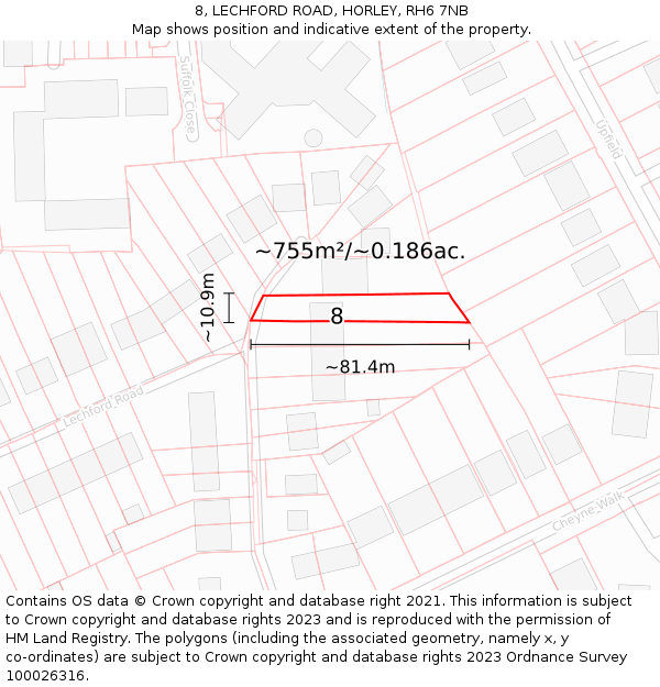 8, LECHFORD ROAD, HORLEY, RH6 7NB: Plot and title map