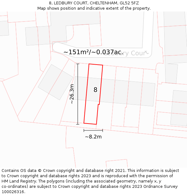 8, LEDBURY COURT, CHELTENHAM, GL52 5FZ: Plot and title map