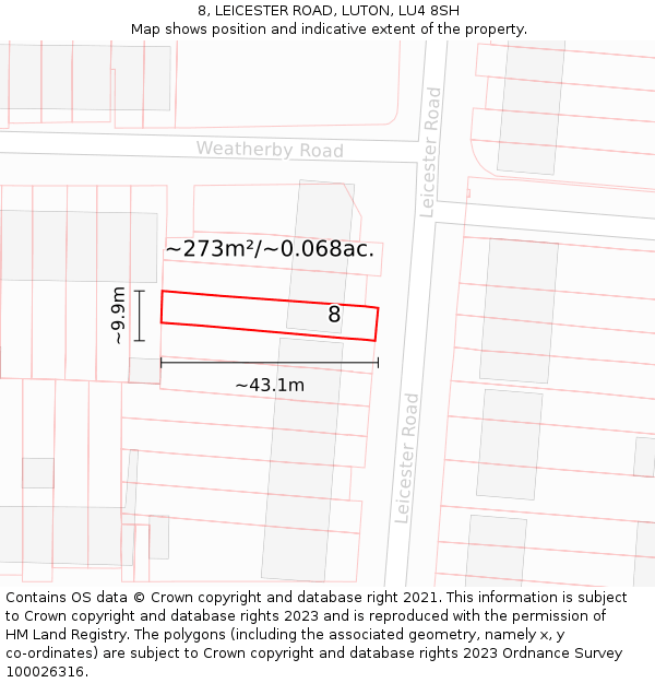 8, LEICESTER ROAD, LUTON, LU4 8SH: Plot and title map