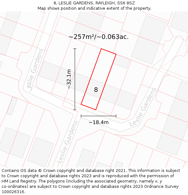 8, LESLIE GARDENS, RAYLEIGH, SS6 8SZ: Plot and title map