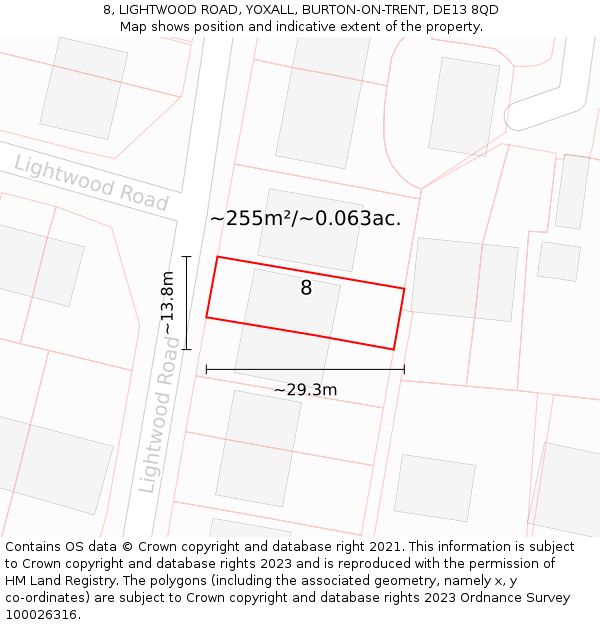 8, LIGHTWOOD ROAD, YOXALL, BURTON-ON-TRENT, DE13 8QD: Plot and title map