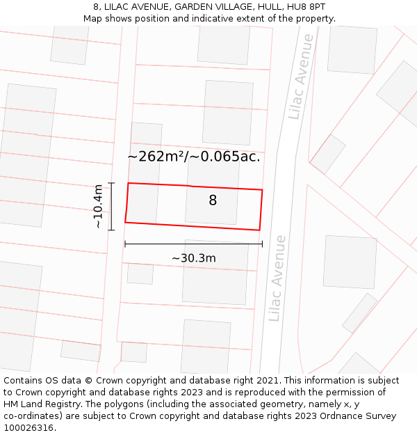 8, LILAC AVENUE, GARDEN VILLAGE, HULL, HU8 8PT: Plot and title map