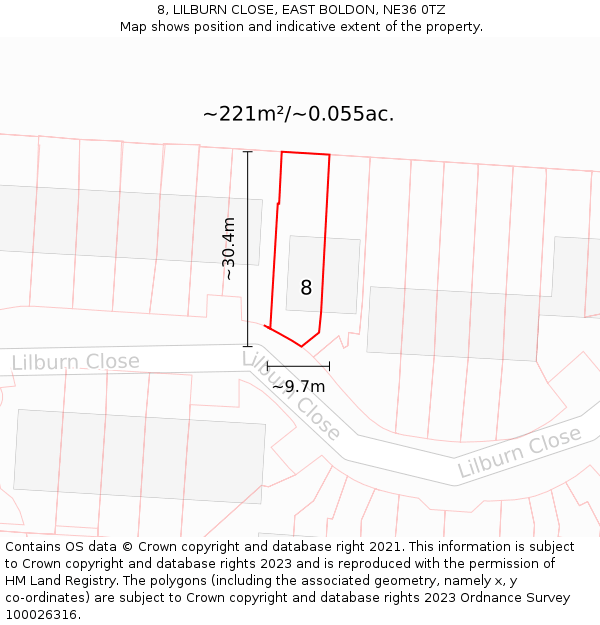 8, LILBURN CLOSE, EAST BOLDON, NE36 0TZ: Plot and title map