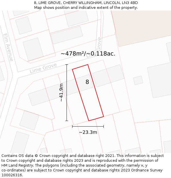 8, LIME GROVE, CHERRY WILLINGHAM, LINCOLN, LN3 4BD: Plot and title map