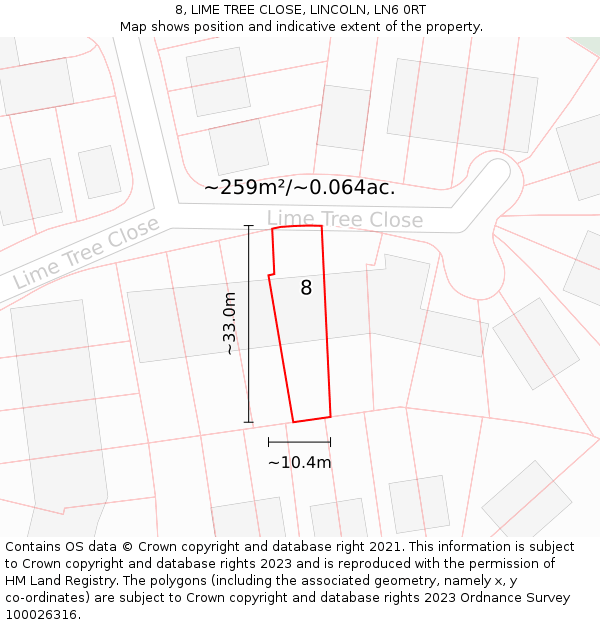 8, LIME TREE CLOSE, LINCOLN, LN6 0RT: Plot and title map
