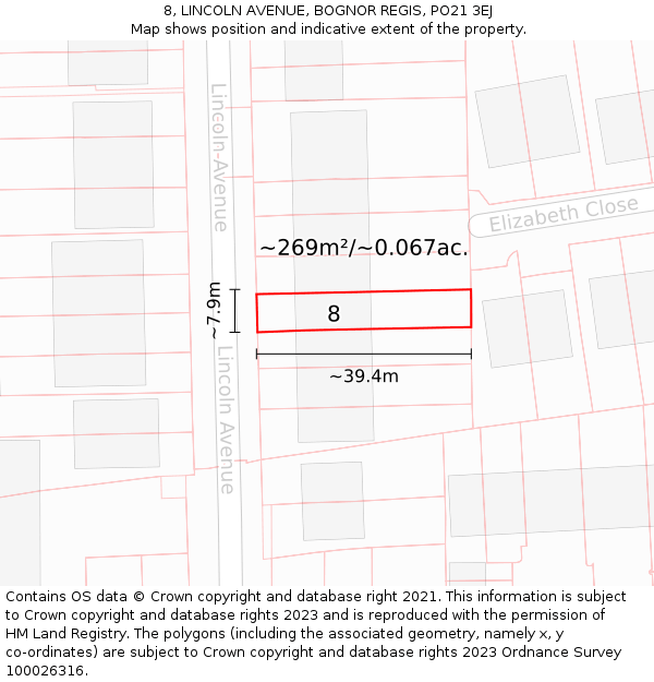 8, LINCOLN AVENUE, BOGNOR REGIS, PO21 3EJ: Plot and title map