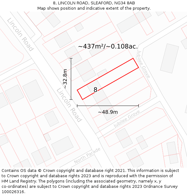 8, LINCOLN ROAD, SLEAFORD, NG34 8AB: Plot and title map