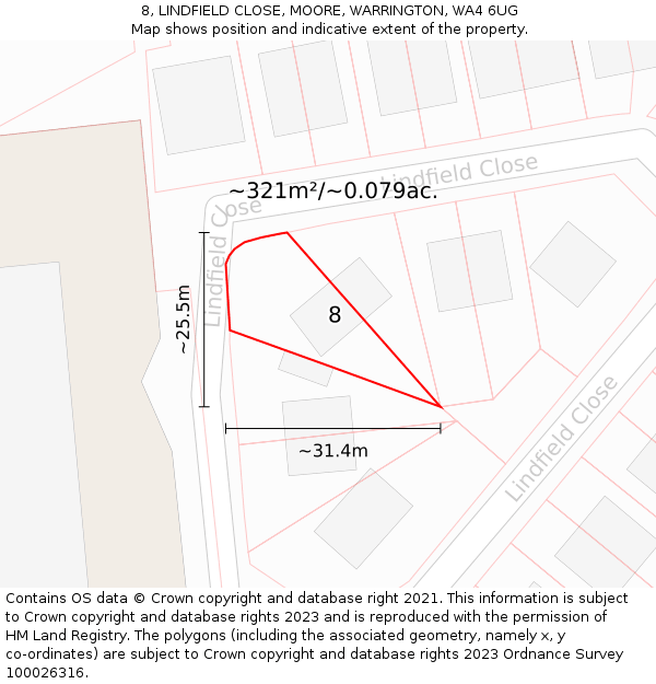 8, LINDFIELD CLOSE, MOORE, WARRINGTON, WA4 6UG: Plot and title map