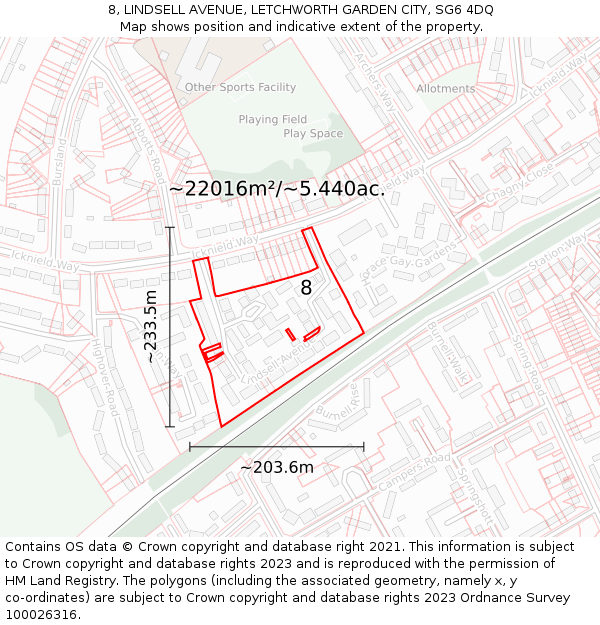 8, LINDSELL AVENUE, LETCHWORTH GARDEN CITY, SG6 4DQ: Plot and title map