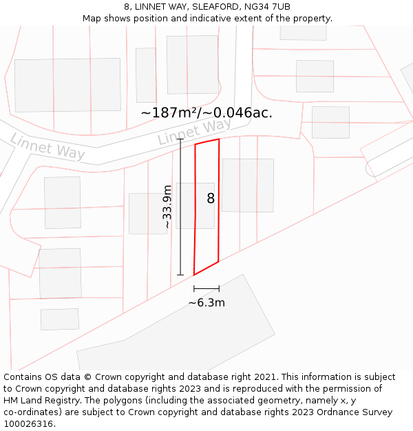 8, LINNET WAY, SLEAFORD, NG34 7UB: Plot and title map