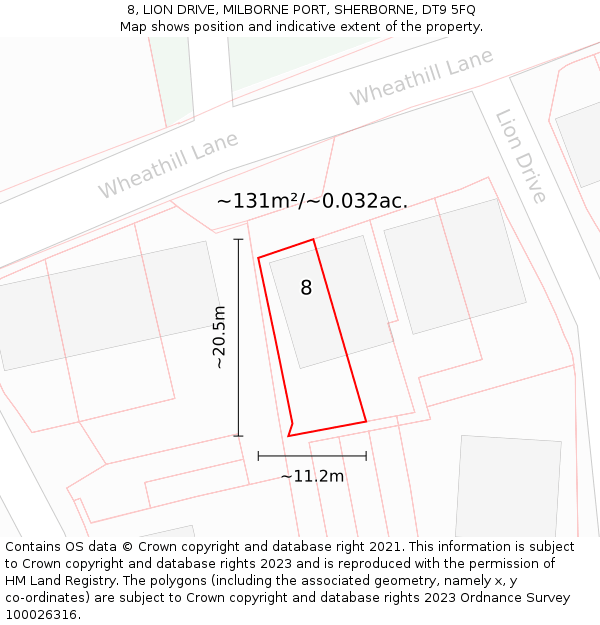 8, LION DRIVE, MILBORNE PORT, SHERBORNE, DT9 5FQ: Plot and title map