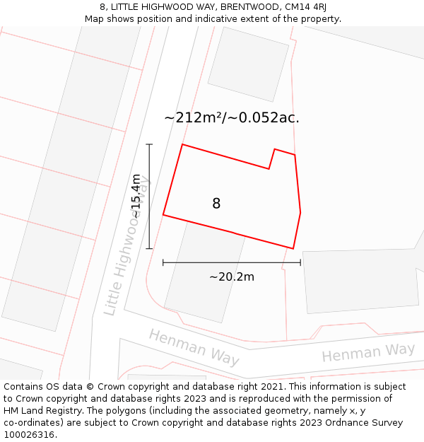 8, LITTLE HIGHWOOD WAY, BRENTWOOD, CM14 4RJ: Plot and title map