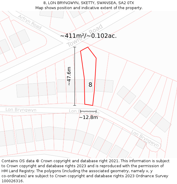 8, LON BRYNGWYN, SKETTY, SWANSEA, SA2 0TX: Plot and title map