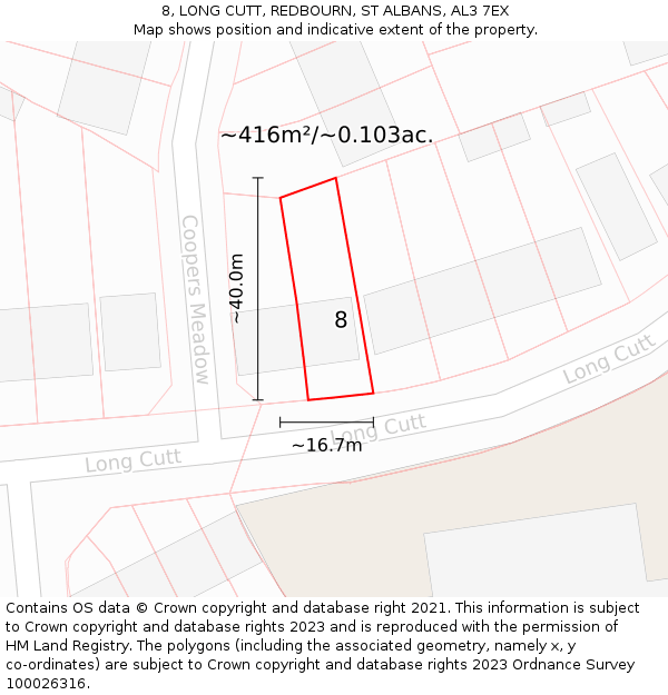 8, LONG CUTT, REDBOURN, ST ALBANS, AL3 7EX: Plot and title map