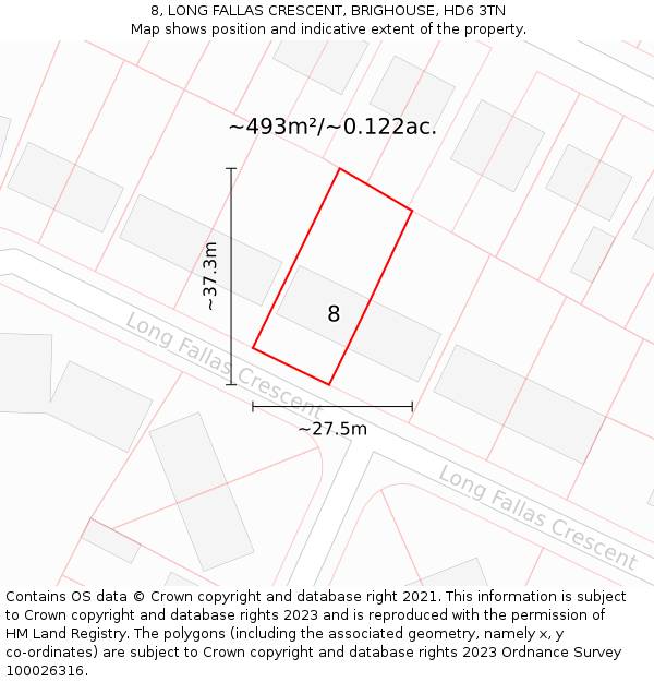 8, LONG FALLAS CRESCENT, BRIGHOUSE, HD6 3TN: Plot and title map