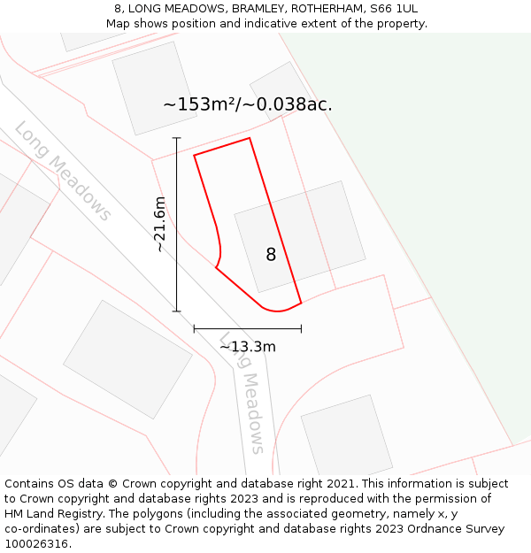 8, LONG MEADOWS, BRAMLEY, ROTHERHAM, S66 1UL: Plot and title map