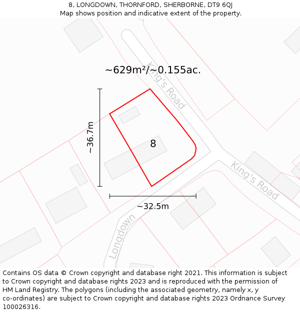 8, LONGDOWN, THORNFORD, SHERBORNE, DT9 6QJ: Plot and title map