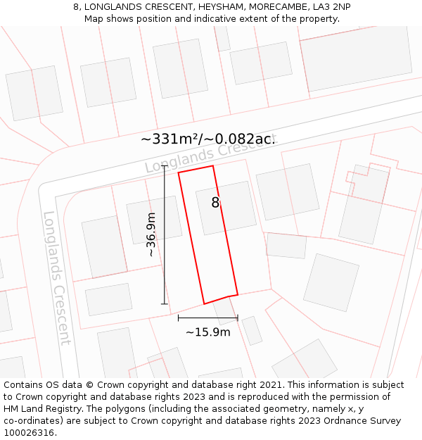 8, LONGLANDS CRESCENT, HEYSHAM, MORECAMBE, LA3 2NP: Plot and title map