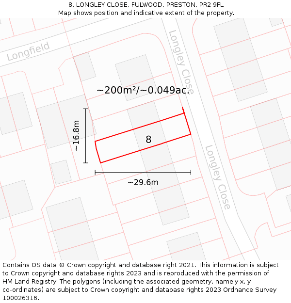 8, LONGLEY CLOSE, FULWOOD, PRESTON, PR2 9FL: Plot and title map